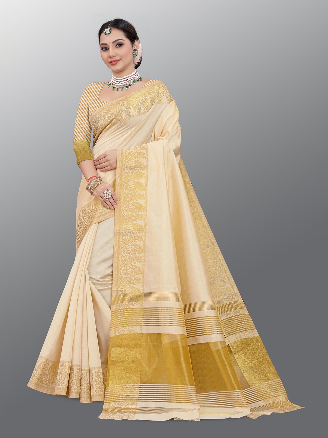 

THE52 Woven Design Zari Pure Silk Kasavu Saree, Cream