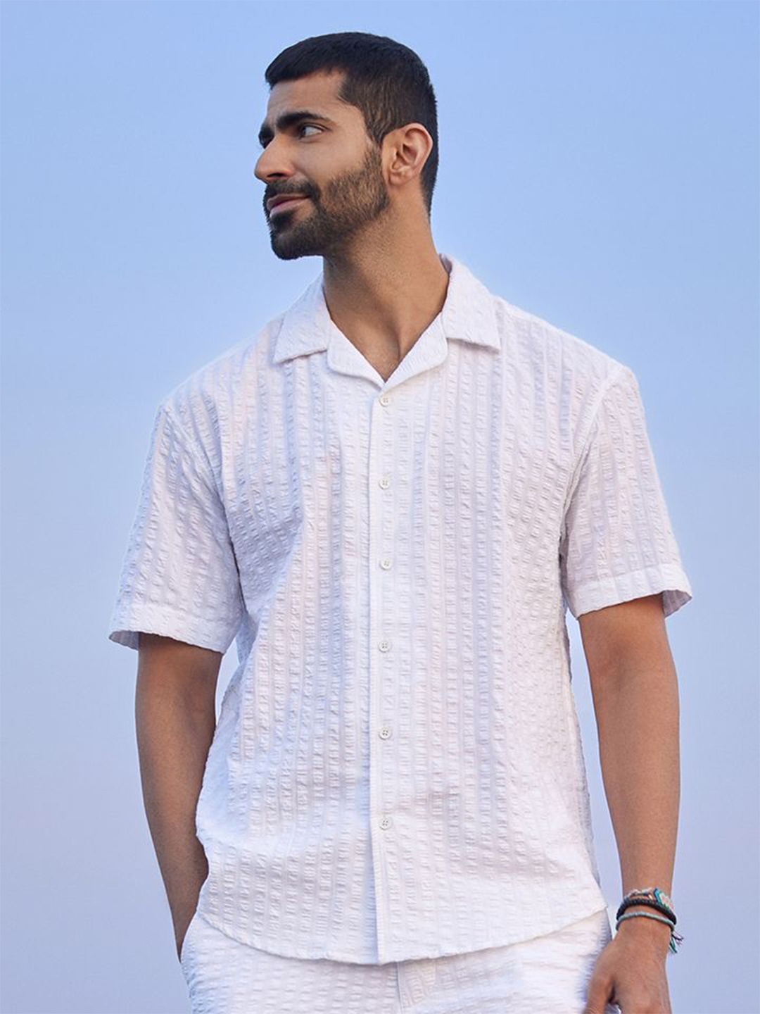 

KINGDOM OF WHITE Men Spread Collar Textured Cotton Casual Shirt