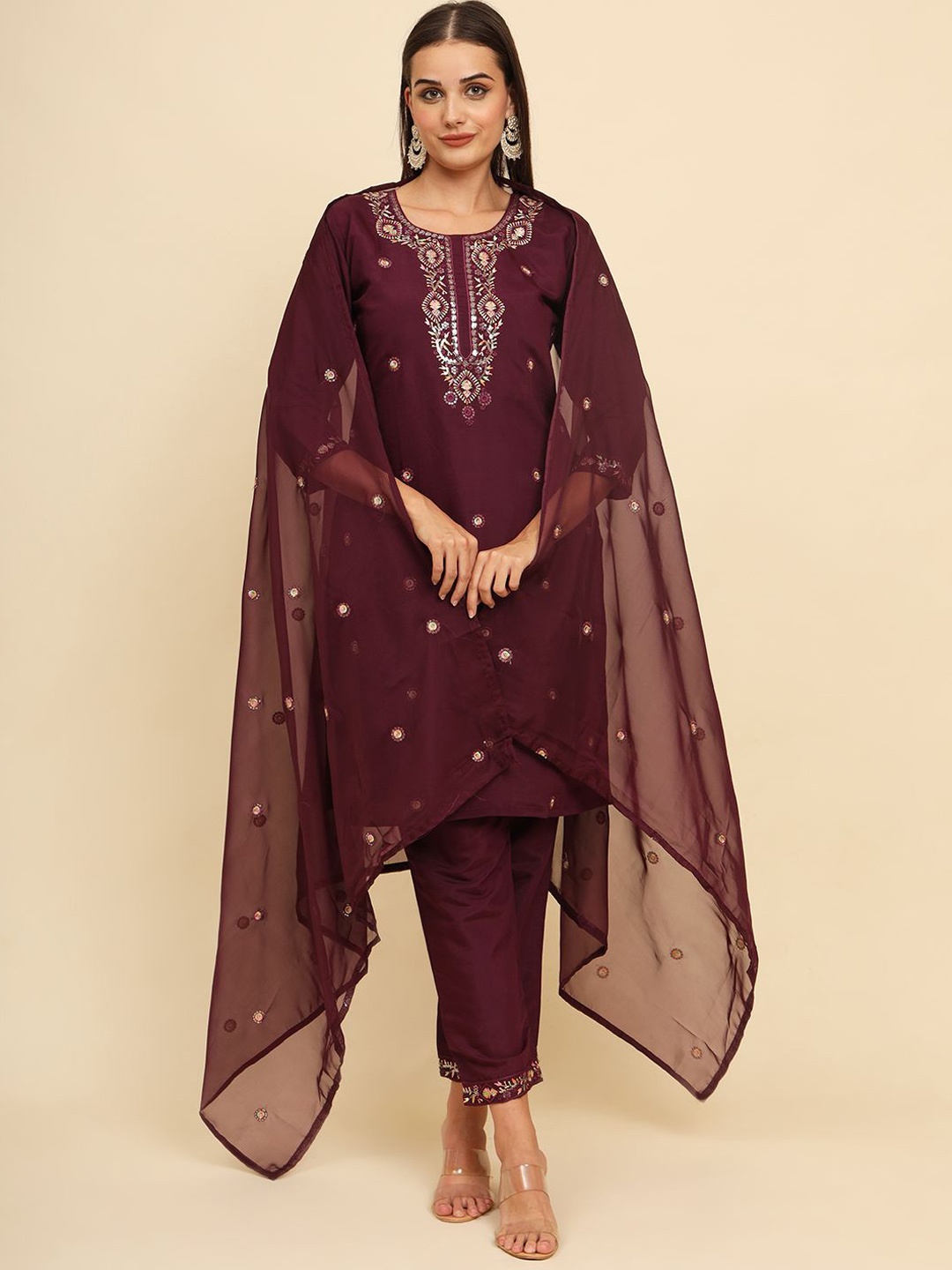 

HERE&NOW Rangrasiya Floral Embroidered Straight Thread Work Kurta with Trouser & Dupatta, Maroon