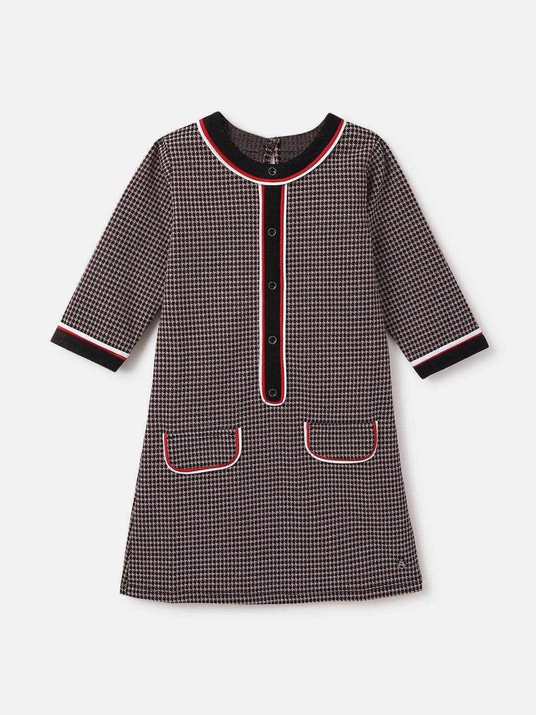 

Blue Giraffe Girls Checked Round Neck 3/4th Sleeves A-Line Dress, Brown