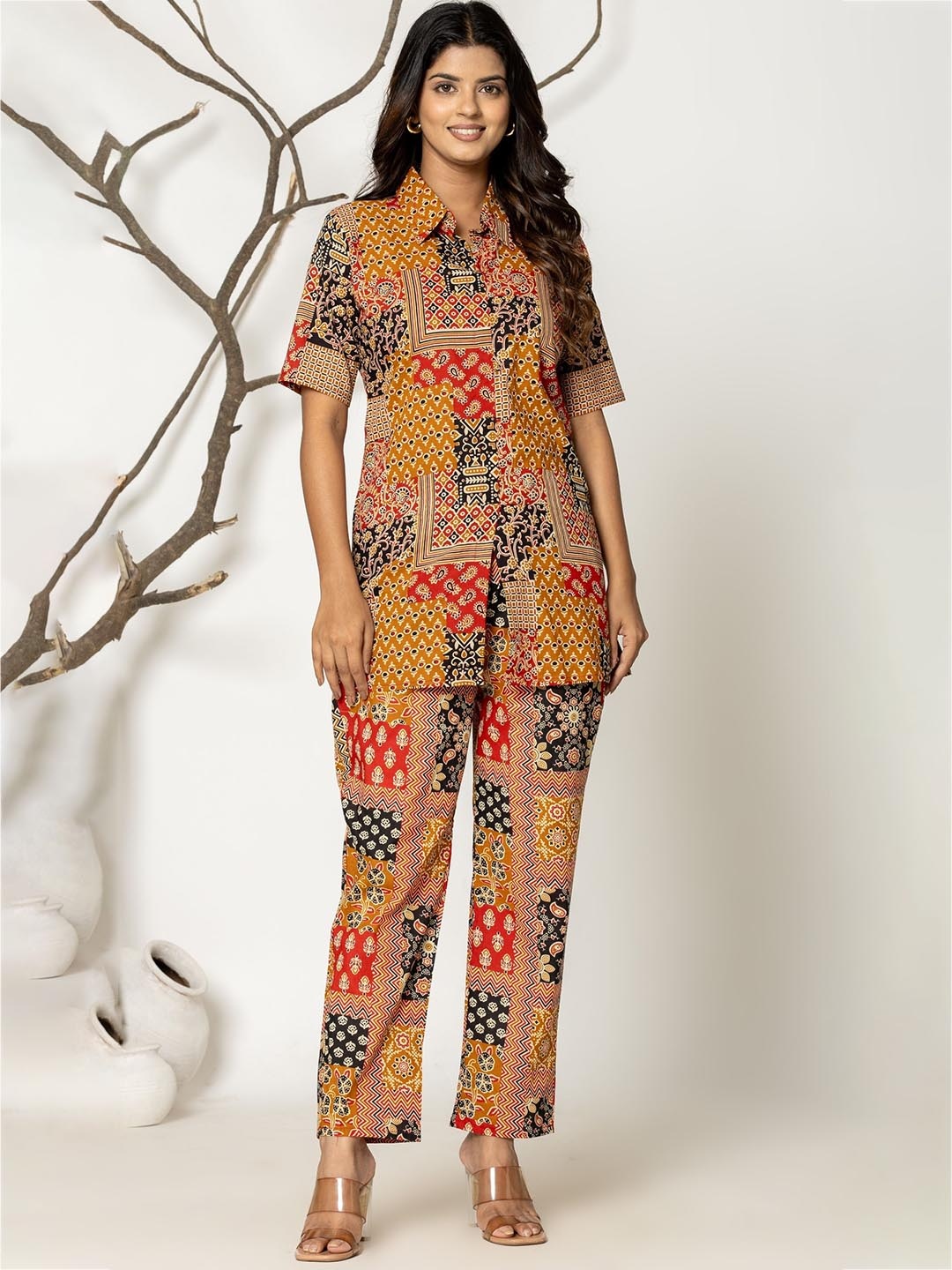 

JAIPURI BUNAAI Ethnic Motifs Printed Shirt Collar Pure Cotton Shirt With Trouser, Brown