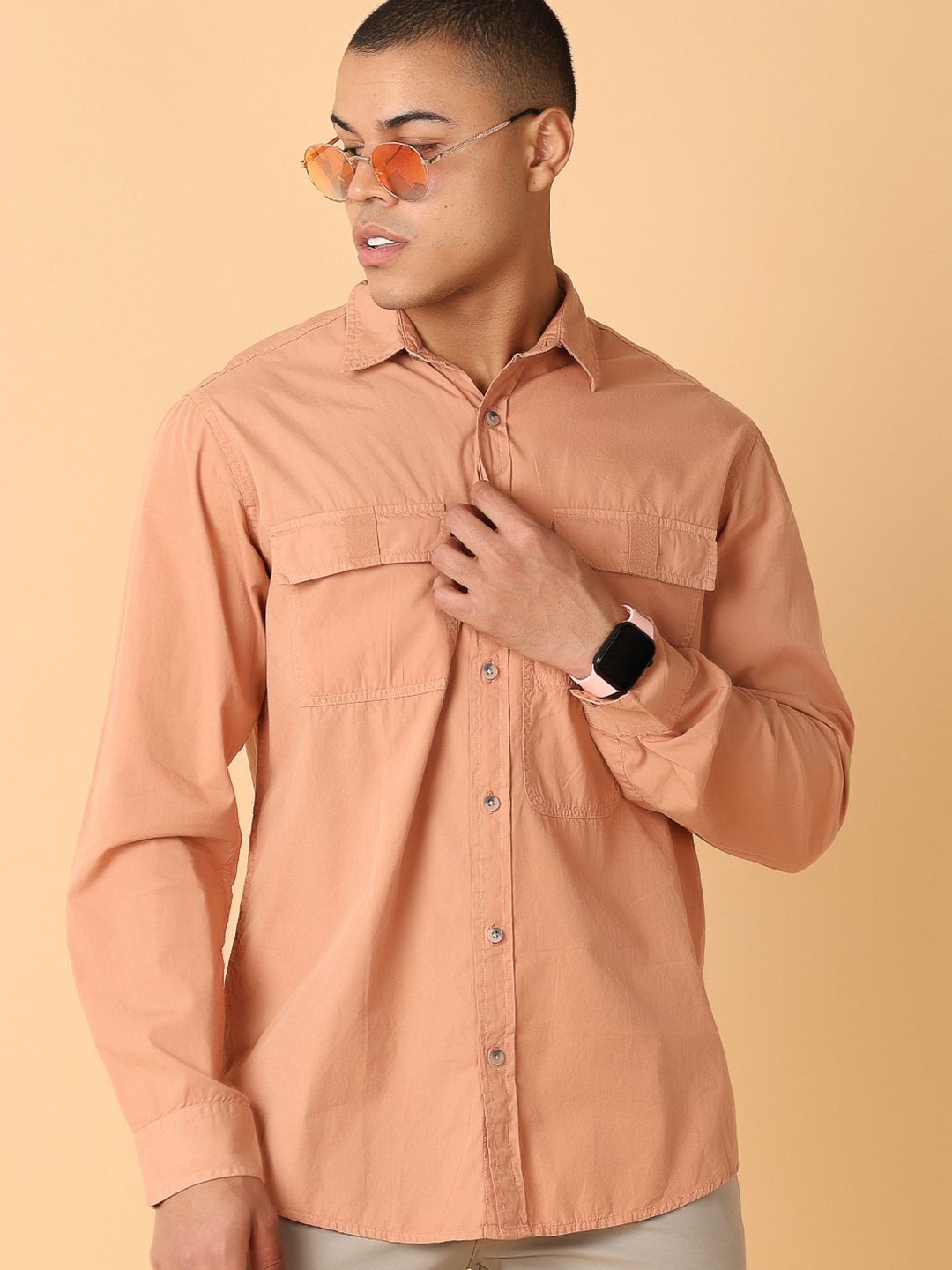 

V-Mart Men Spread Collar Solid Cotton Casual Shirt, Peach