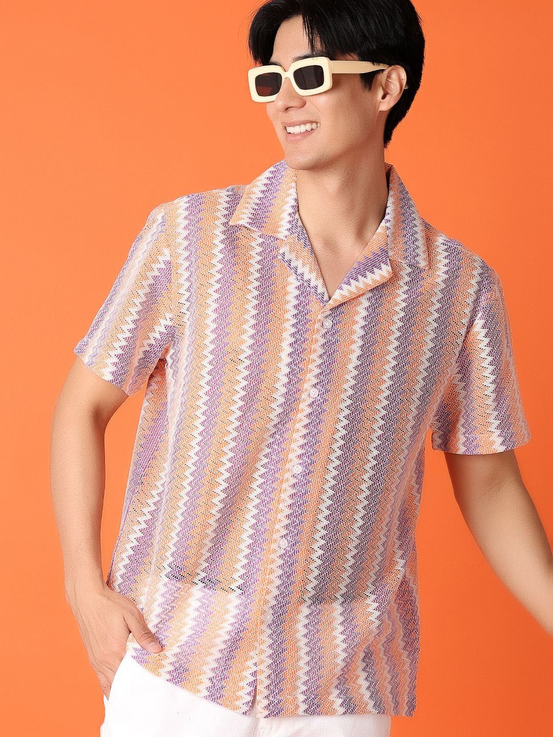 

V-Mart Men Cuban Collar Chevron Printed Cotton Casual Shirt, Orange