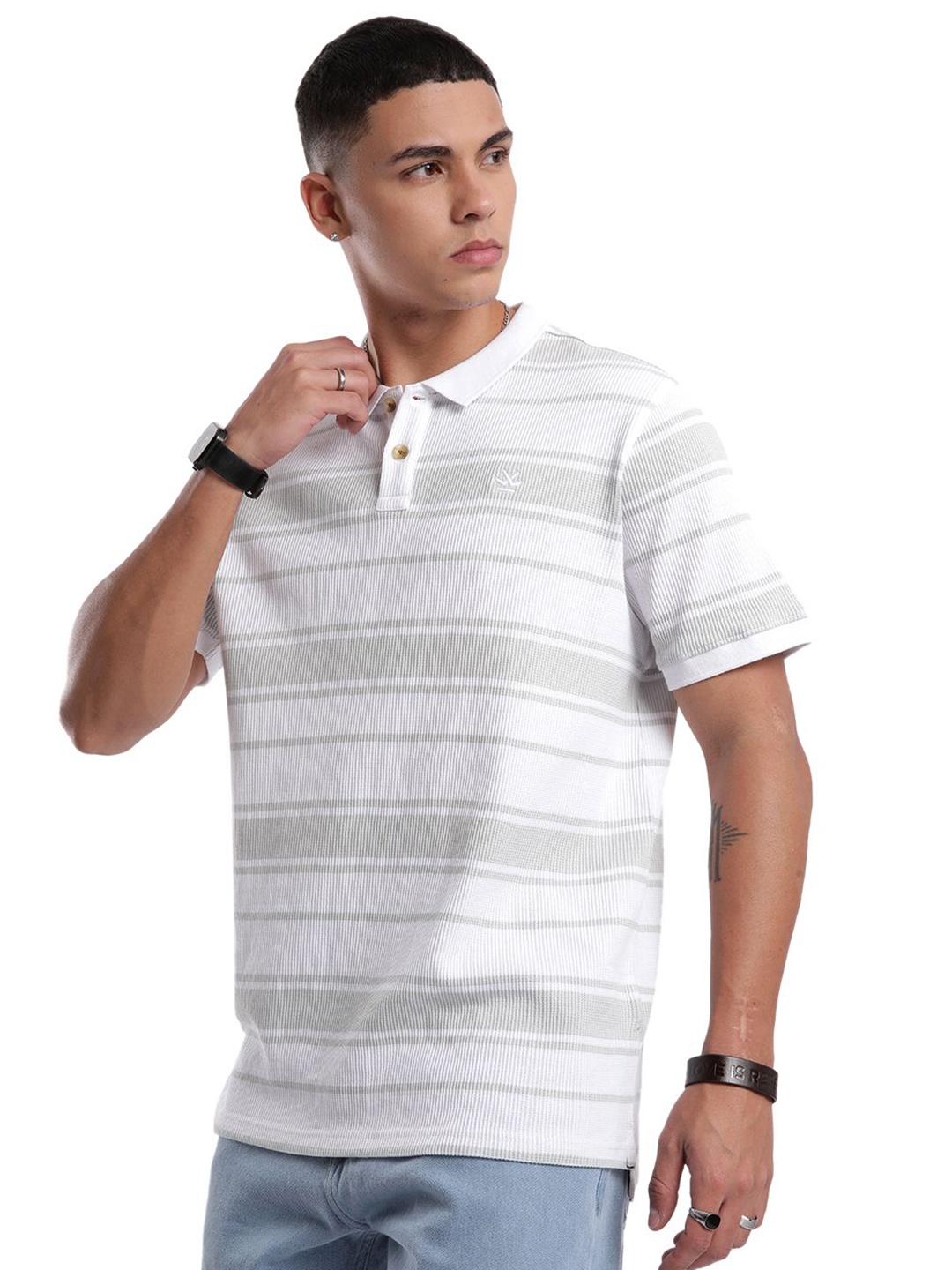 

WROGN Men Striped Polo Collar Cotton Slim Fit T-shirt, White