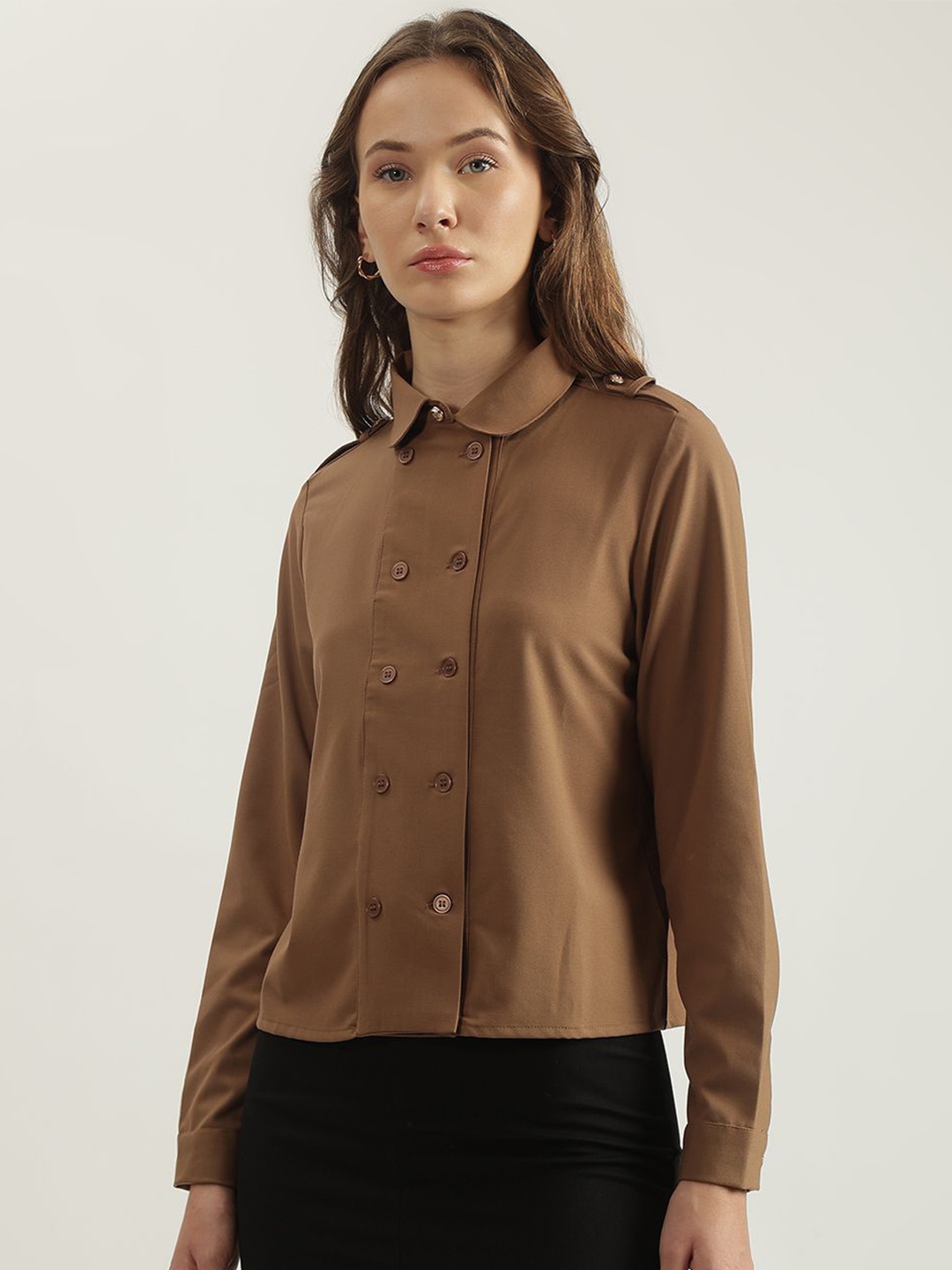 

Iconic Women Club Collar Solid Cotton Casual Shirt, Brown