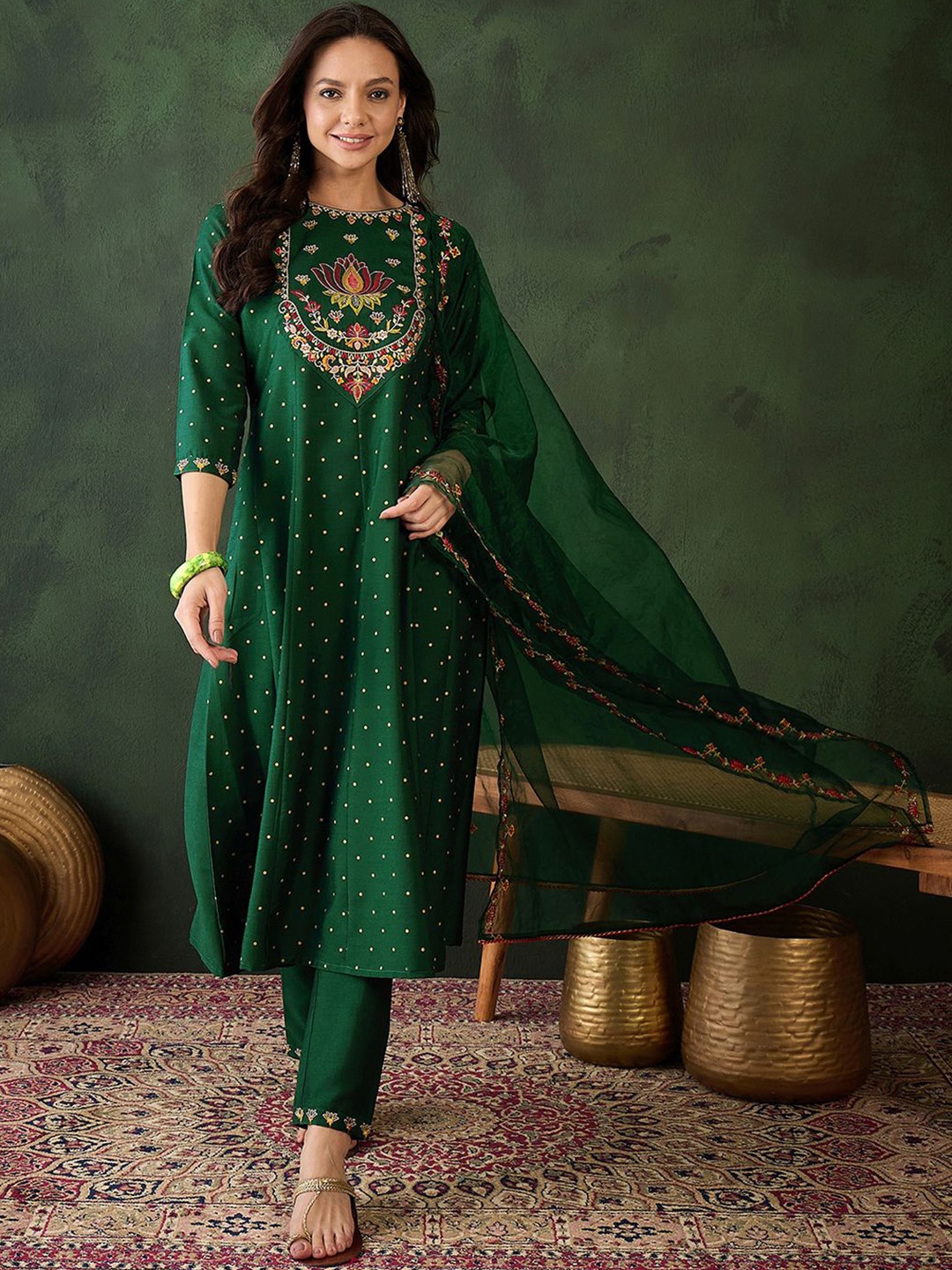 

Sangria Floral Embroidered Zari Sequence A Line Kurta & Trouser With Dupatta, Green