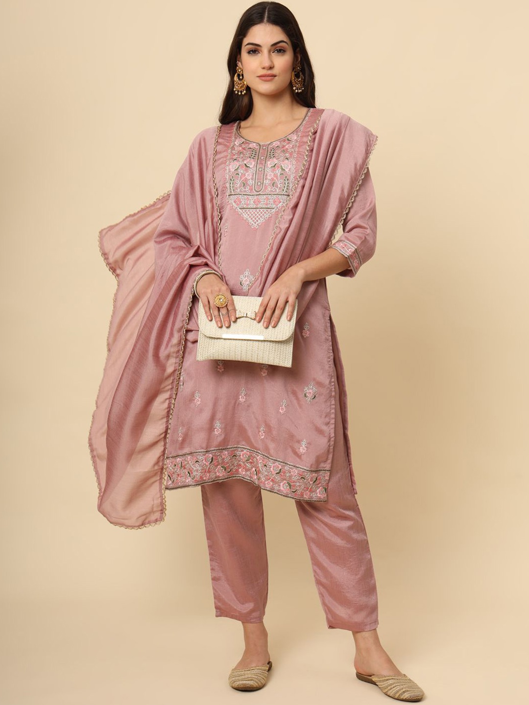 

HERE&NOW Floral Embroidered Regular Thread Work Straight Kurta with Palazzos & Dupatta, Mauve