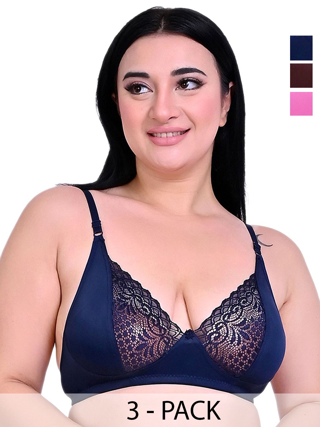 

Piylu Pack Of 3 Medium Coverage Lightly Padded Cotton T-shirt Bra, Blue