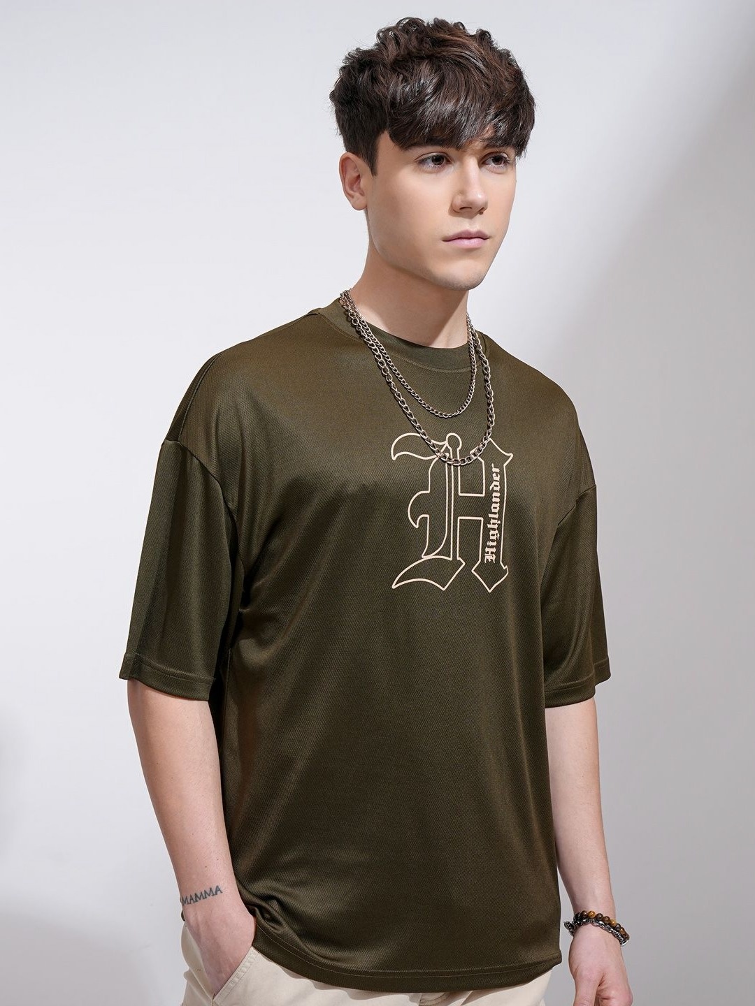 

HIGHLANDER Men Typography Printed Round Neck Oversized T-shirt, Olive