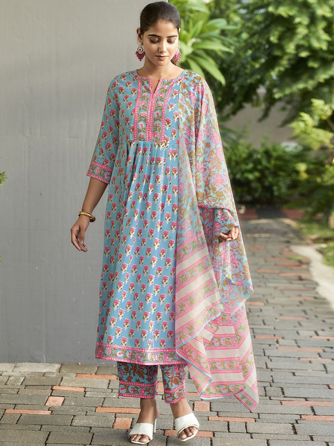 

KALINI Floral Printed Notch Neck A Line Kurta with Trousers & Dupatta, Blue