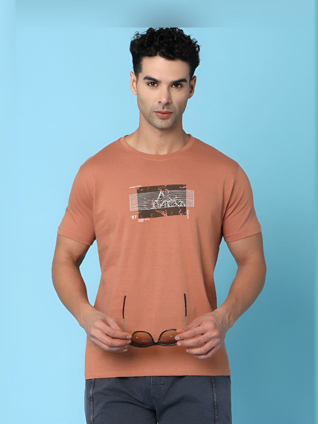 

V-Mart Men Graphic Printed Round Neck Cotton T-shirt, Brown