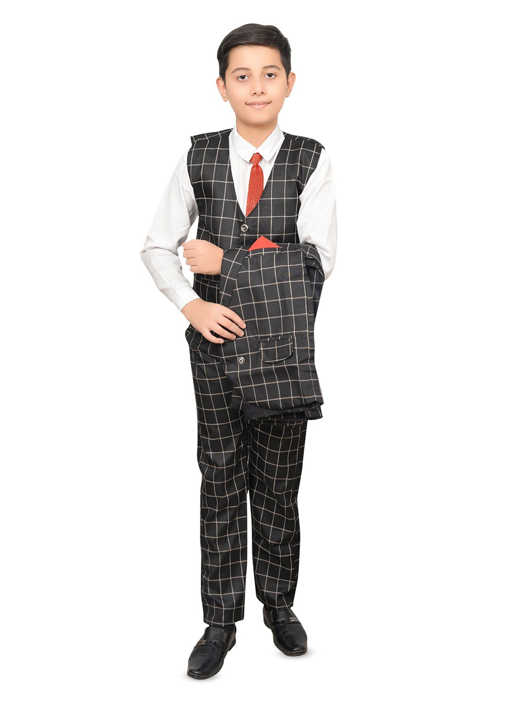 

BAESD Boys Checked Single-Breasted 4-Piece Party Suit, Black