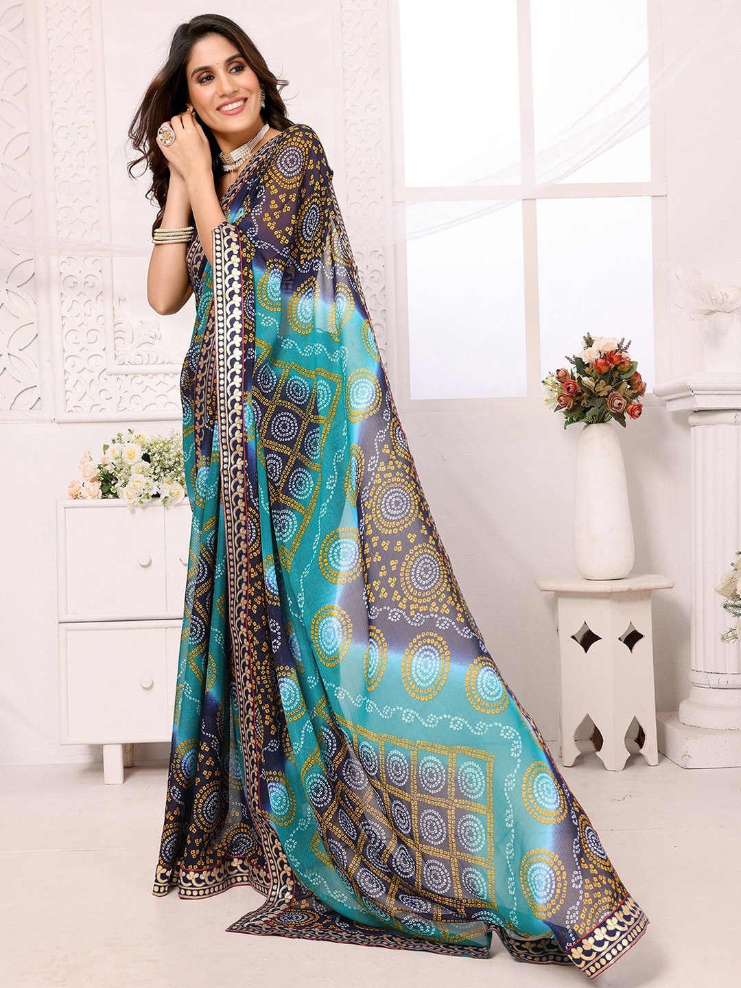 

KALINI Bandhani Gotta Patti Bandhani Saree, Navy blue