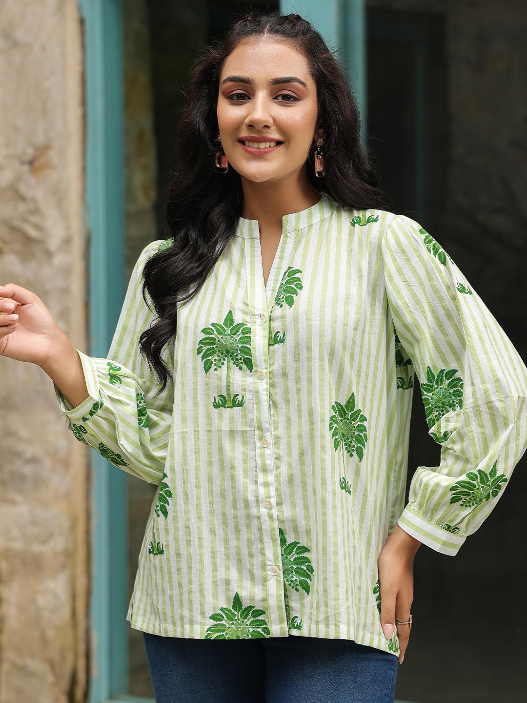 

Jaipur Morni Women Floral Print Mandarin Collar Cotton Top, Green