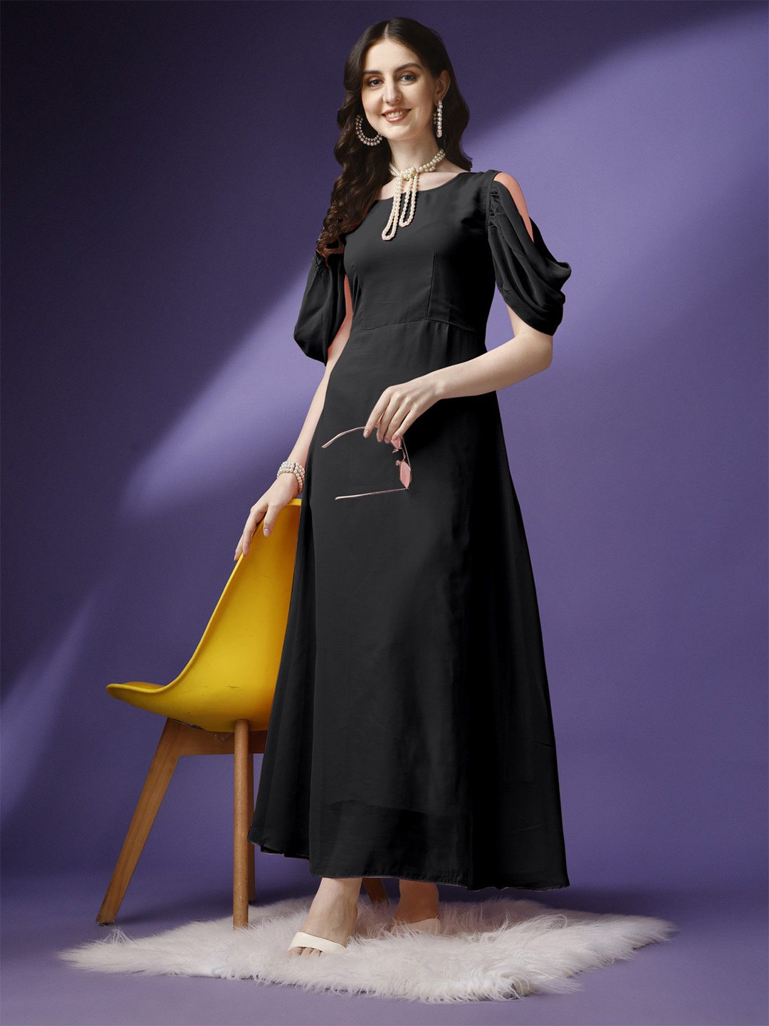 

Raiyani Enterprise Women Round Neck Applique Fit & Flare Maxi Dress, Black