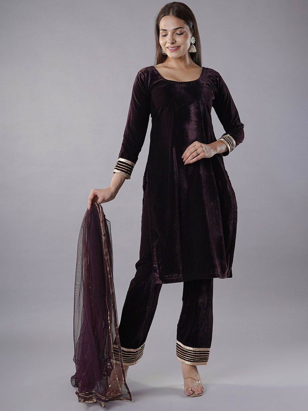 

Utsav Fashion Pakistani Style Velvet Kurta with Trousers & Dupatta, Brown