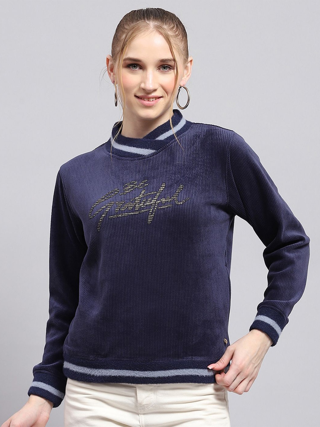 

Monte Carlo Women Printed High Neck Pullover Sweatshirt, Navy blue