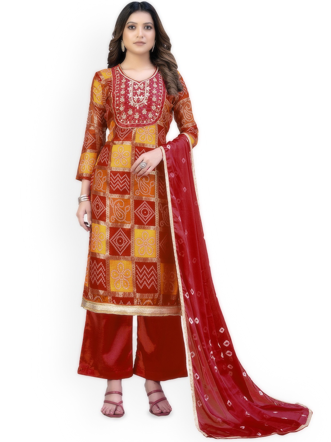 

Maroosh Bandhani Printed Unstitched Dress Material, Red