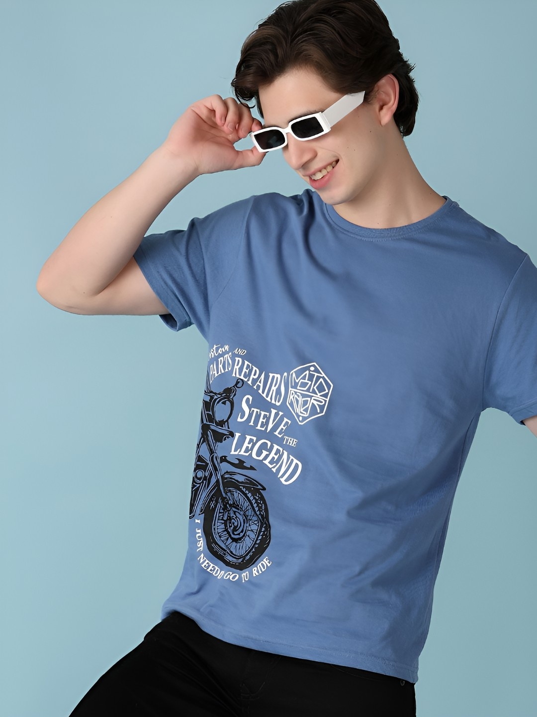 

V-Mart Men Typography Printed Round Neck Cotton T-shirt, Blue