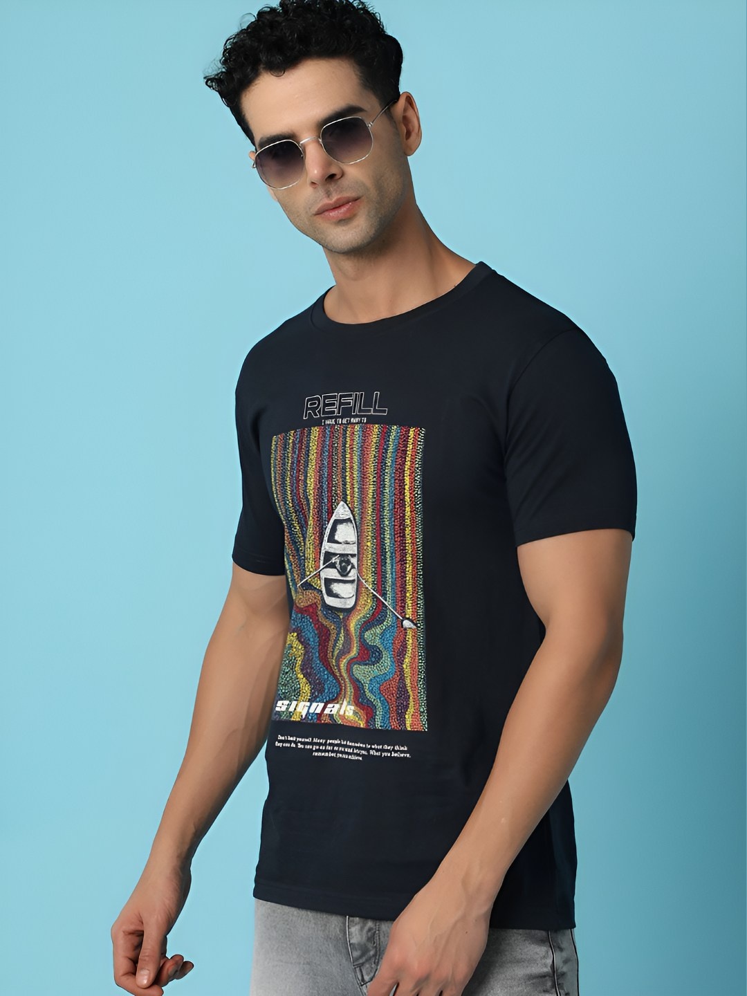 

V-Mart Men Graphic Printed Round Neck Cotton T-shirt, Navy blue