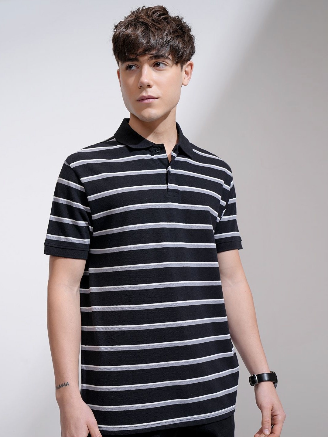 

HIGHLANDER Men Striped Polo Collar Relaxed Fit T-shirt, Black
