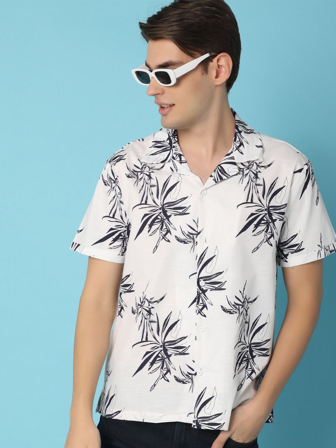 

V-Mart Men Cuban Collar Floral Printed Cotton Casual Shirt, White