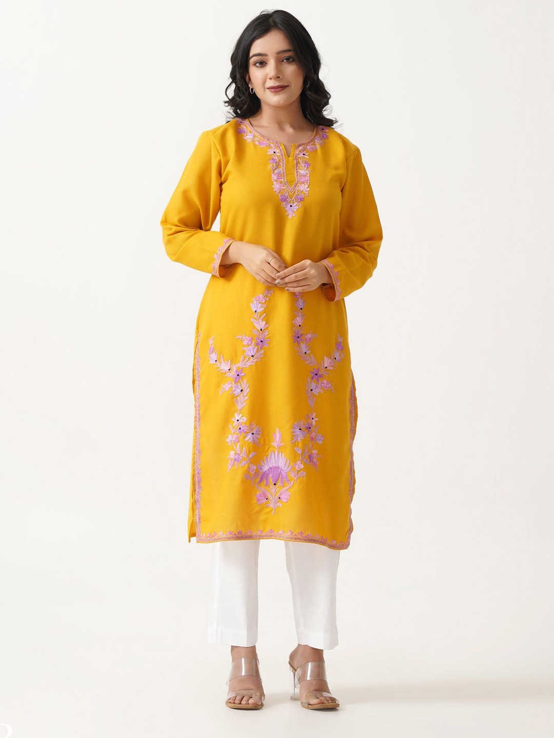 

Kashmir Box Women Round Neck Floral Embroidered Thread Work Cotton Straight Kurta, Yellow