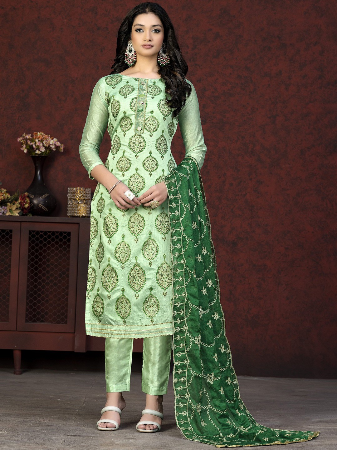 

Maroosh Geometric Embroidered Unstitched Dress Material, Green