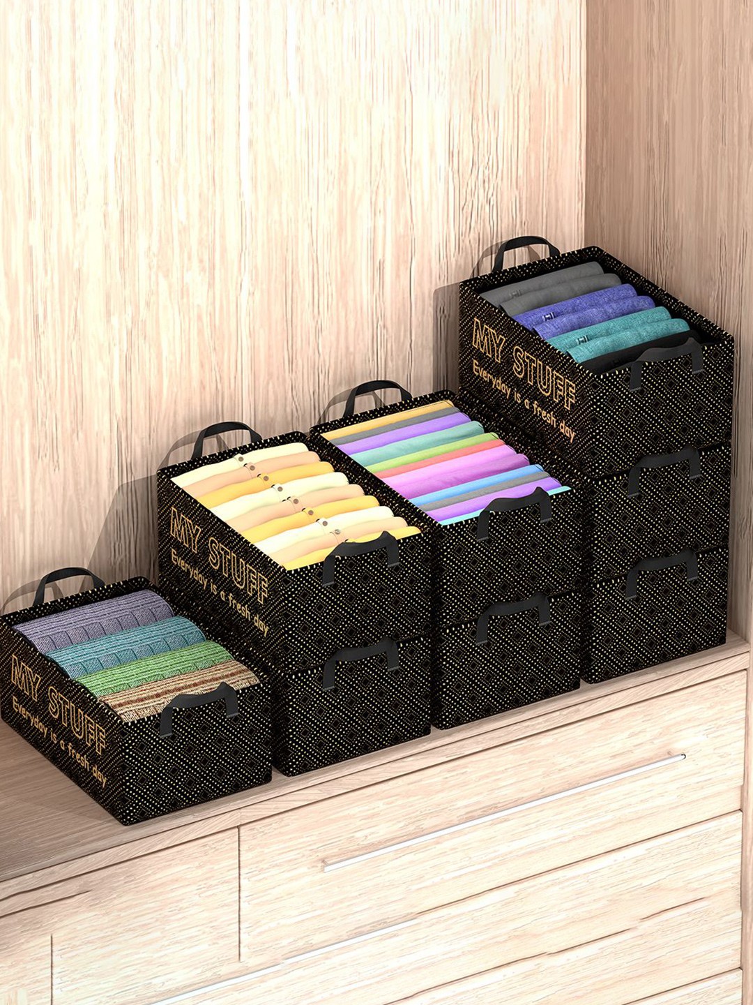 

Kuber Industries Black & Beige 8 Pieces Printed Drawer Organisers