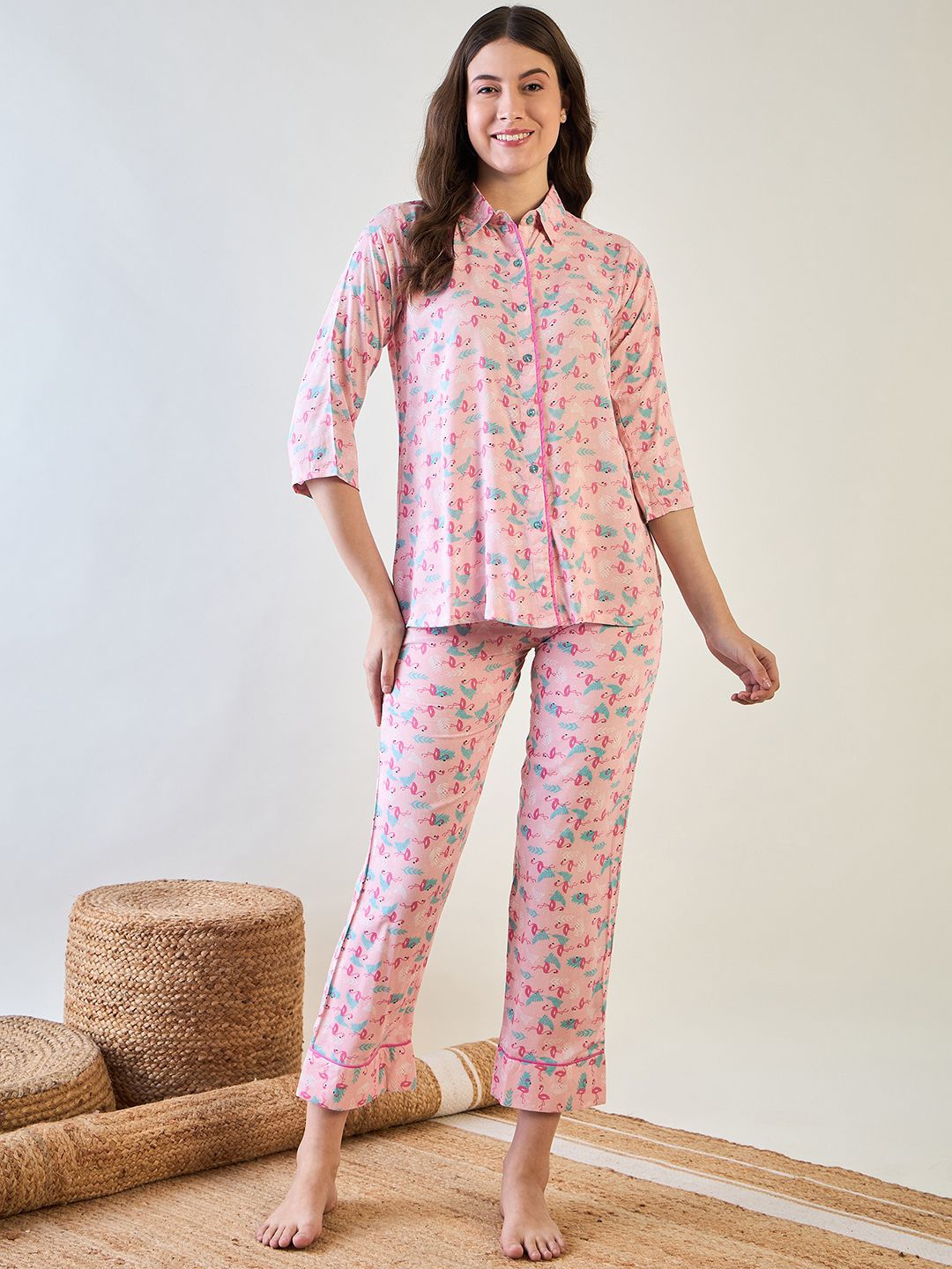 

The Kaftan Company Women Cotton Conversational Printed Pink Shirt Collar Night suit