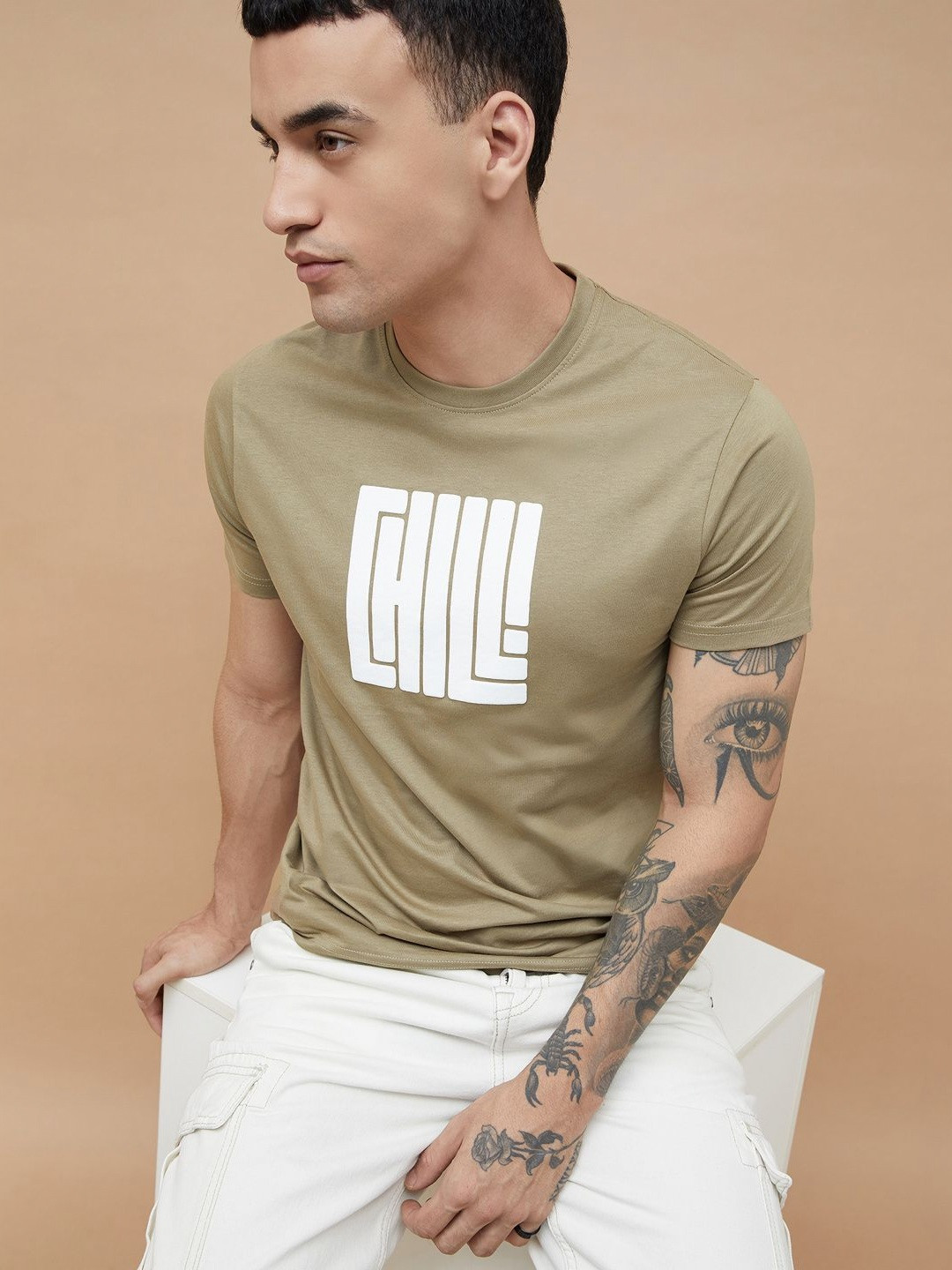 

Fame Forever by Lifestyle Men Typography Printed Round Neck Cotton T-shirt, Beige