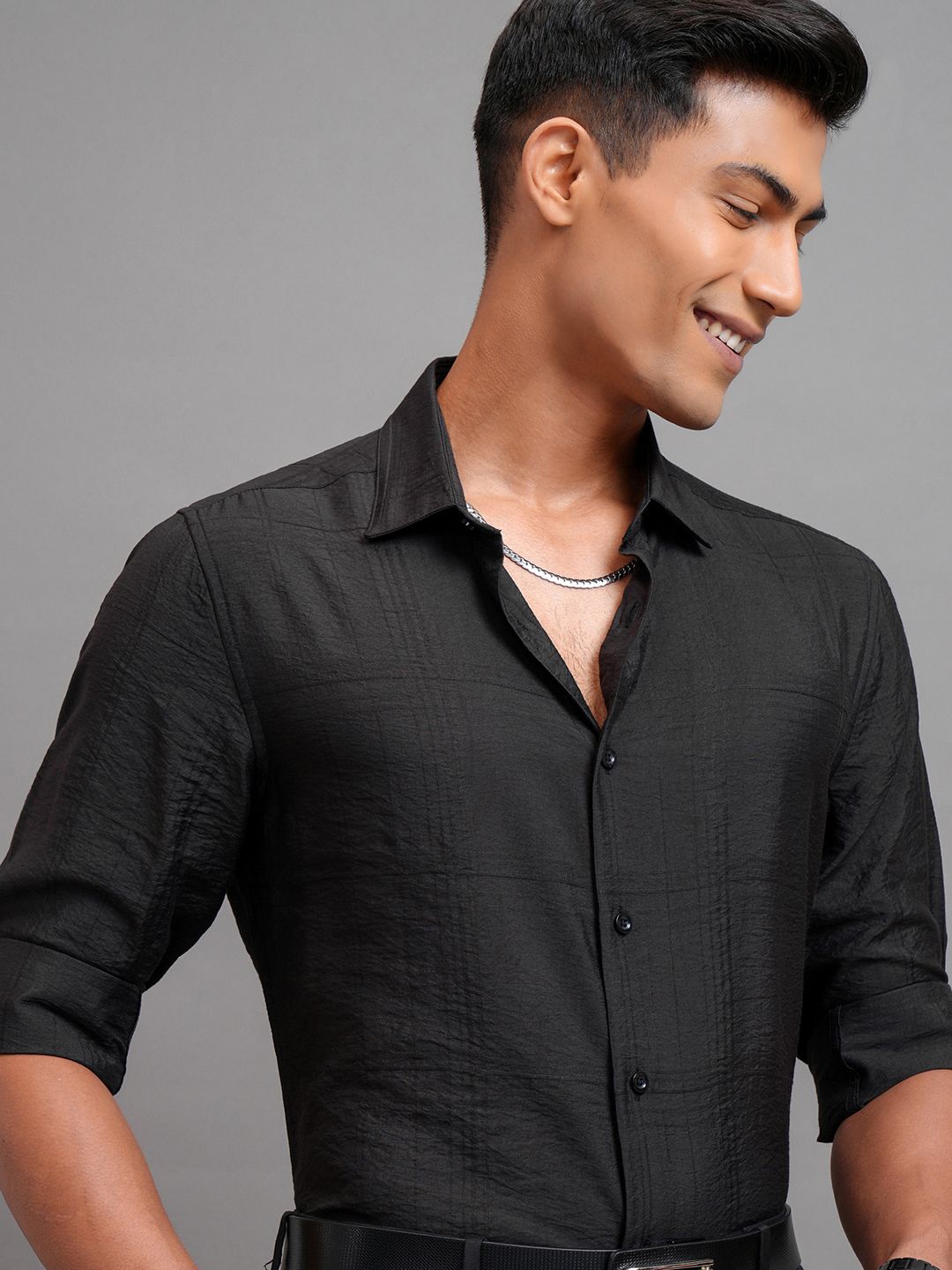 

Highlander Men Jacquard Textured Checked Occasion Shirt, Black