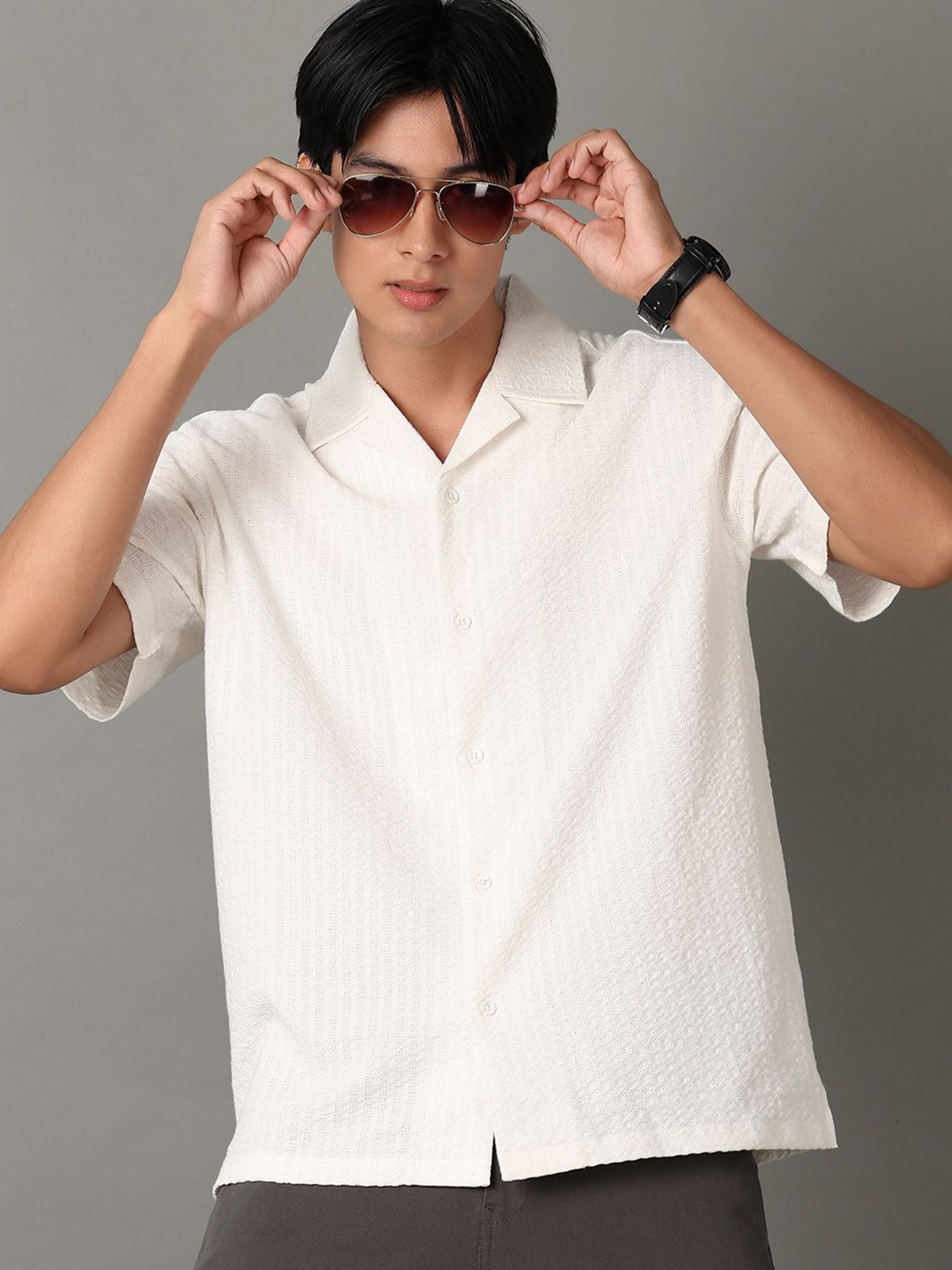 

V-Mart Men Cuban Collar Textured Cotton Casual Shirt, Off white