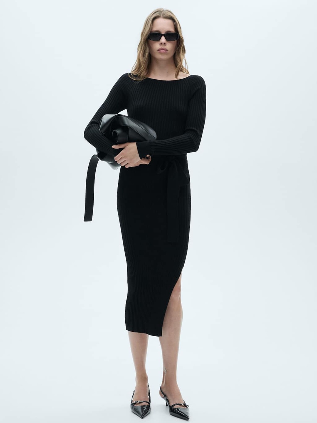 

MANGO Off-Shoulder Ribbed Bodycon Midi Dress with Slit, Black