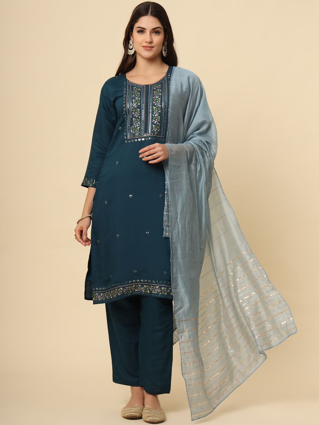 

HERE&NOW Teal Blue Floral Embroidered Straight Kurta With Palazzos & Dupatta