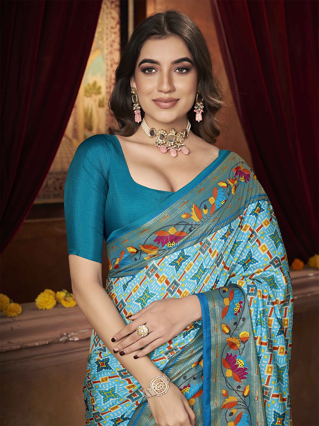 

Ethnielle Woven Design Printed Pure Silk Saree, Blue