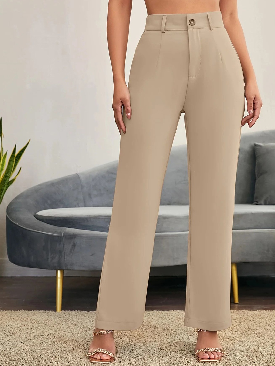 

FNOCKS Women Relaxed Straight Leg High-Rise Stain Resistant Trousers, Cream