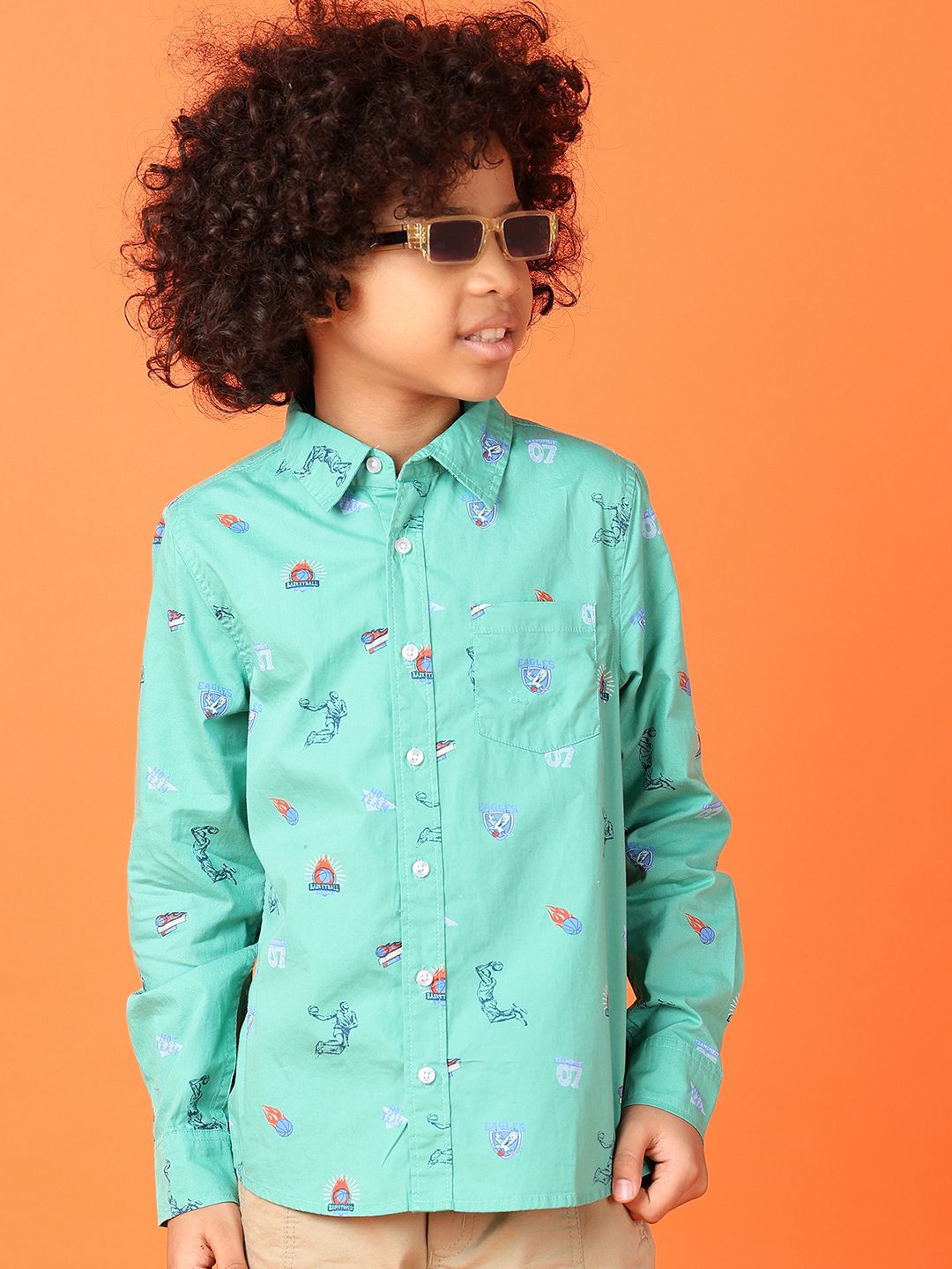 

V-Mart Boys Spread Collar Conversational Printed Cotton Casual Shirt, Green