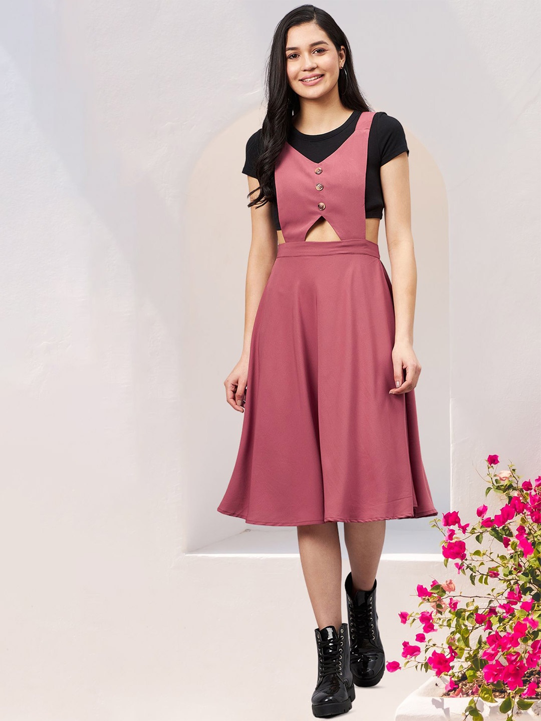 

WineRed Women A-Line Cut-out Pinafore Flared Solid Dress, Pink