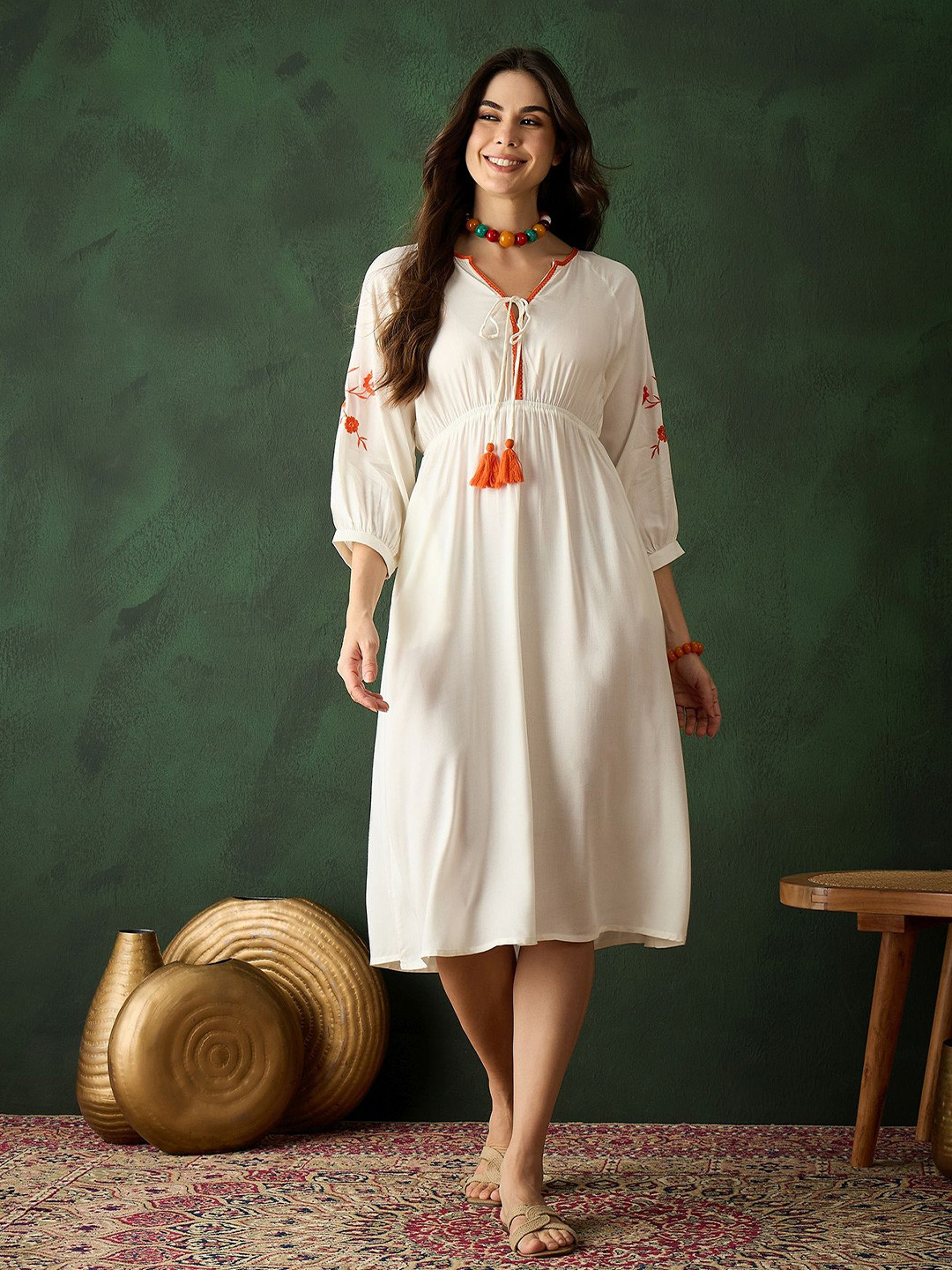 

Sangria Women Embroidered V-Neck Fit & Flare Dresses, White