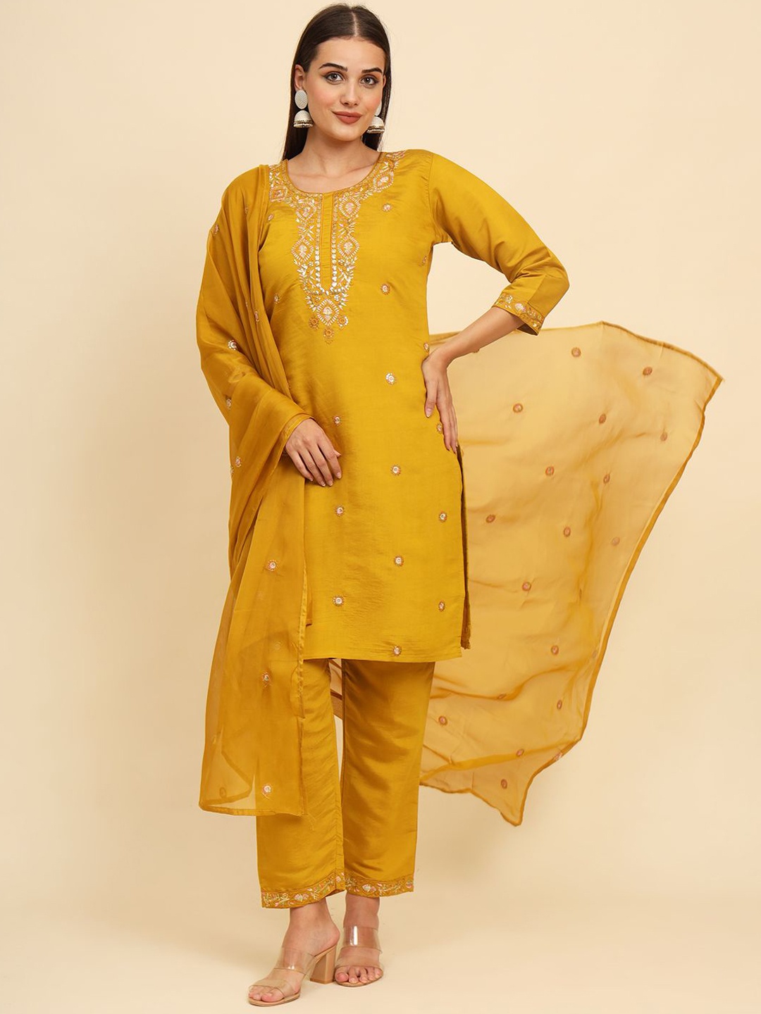 

HERE&NOW Mustard Yellow Floral Embroidered Straight Kurta With Palazzos & Dupatta