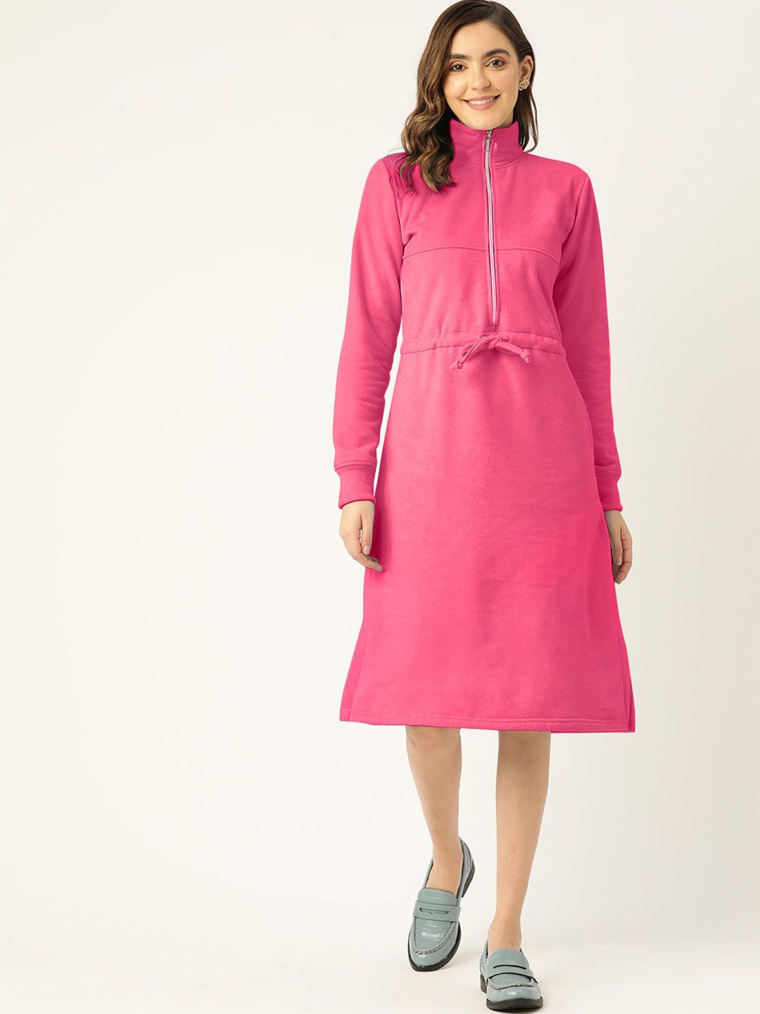 

BRINNS Women Cotton Magenta Long Sleeves Mock Neck A-Line Midi Dress