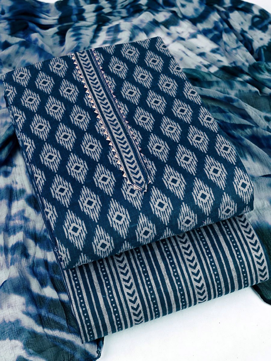 

Sun Fashion And Lifestyle Ethnic Motifs Printed Gotta Patti Unstitched Dress Material, Blue