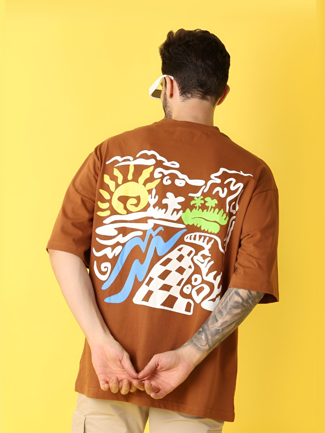 

V-Mart Men Graphic Printed Round Neck Cotton Oversized T-shirt, Brown