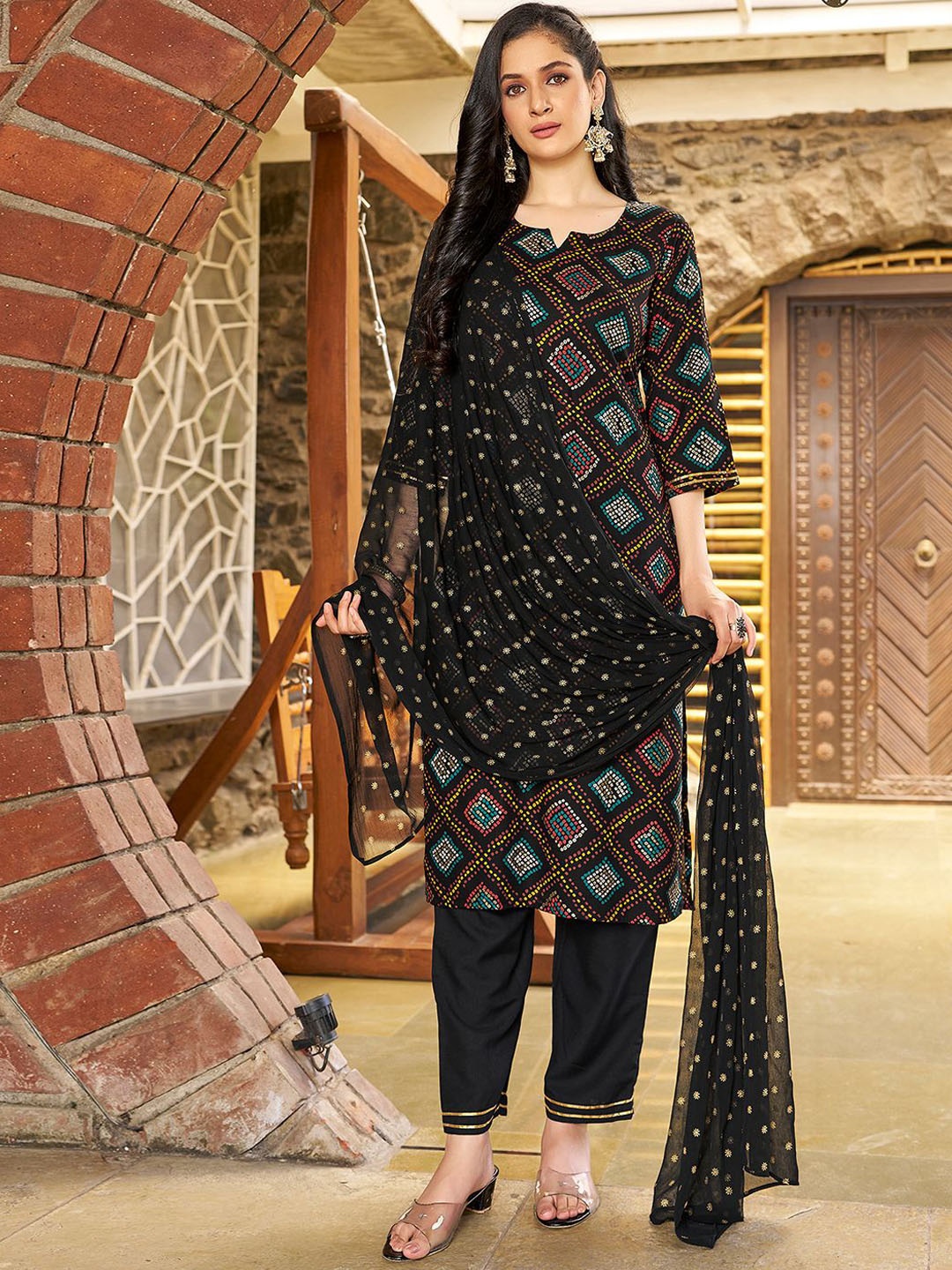 

KALINI Geometric Printed Regular Kurta with Trouser & Dupatta, Black