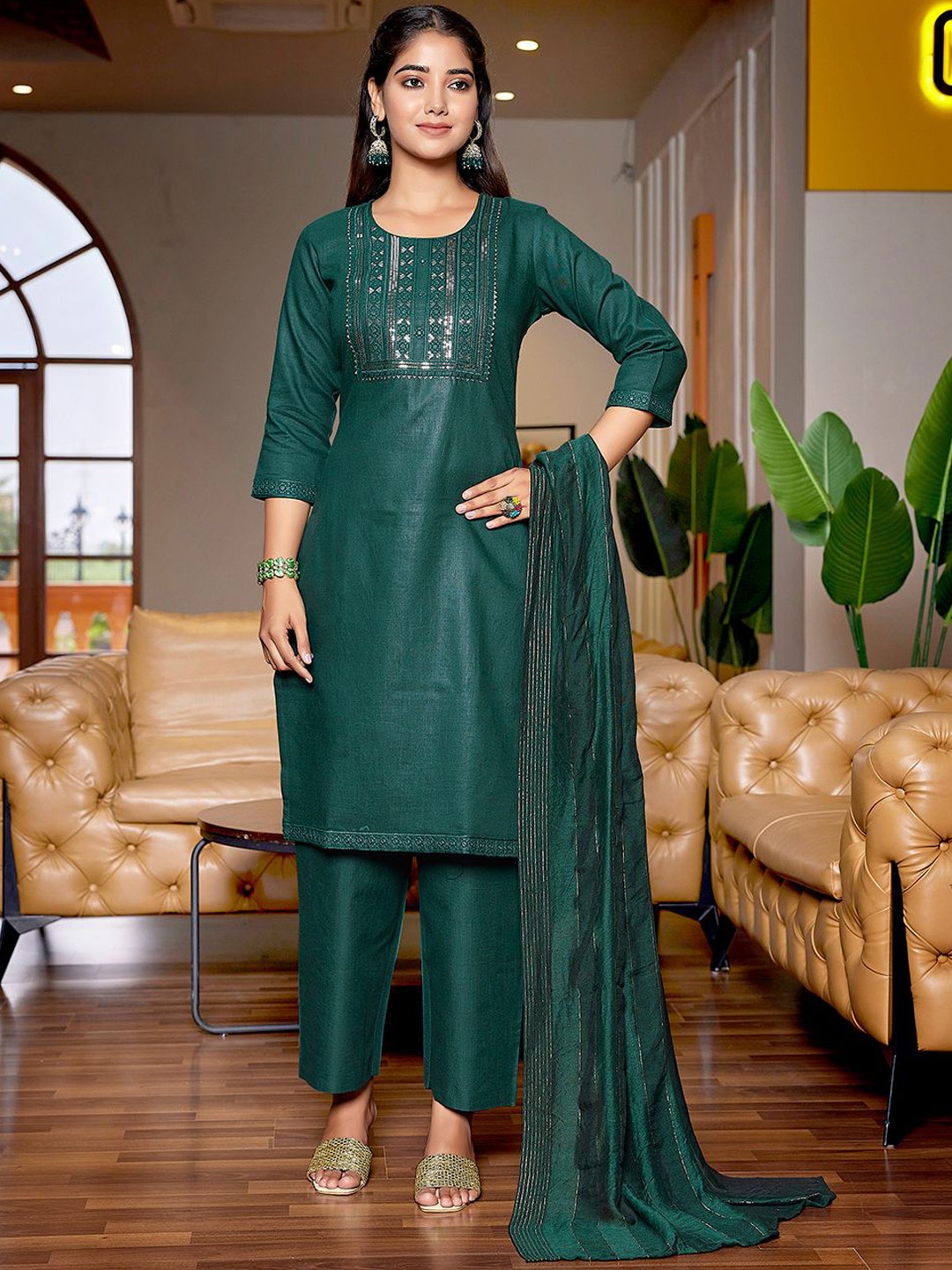 

Royal Export Floral Yoke Design Sequined Straight Kurta With Trousers & Dupatta, Green