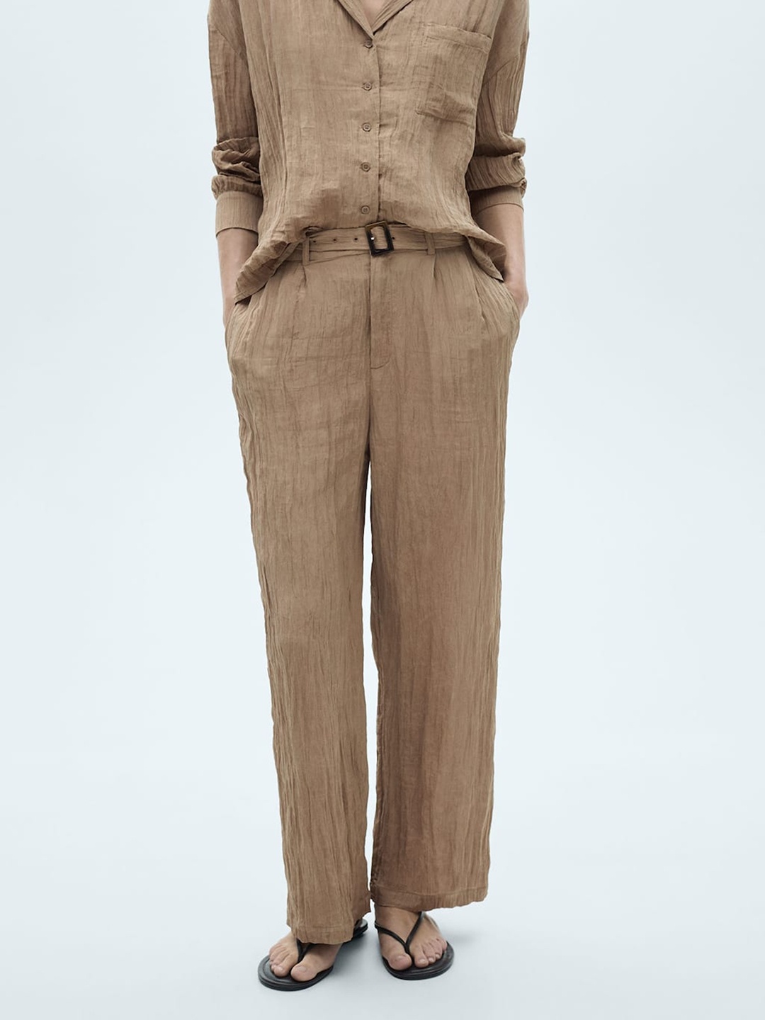 

MANGO Women Textured Pleated Trousers with Belt, Taupe