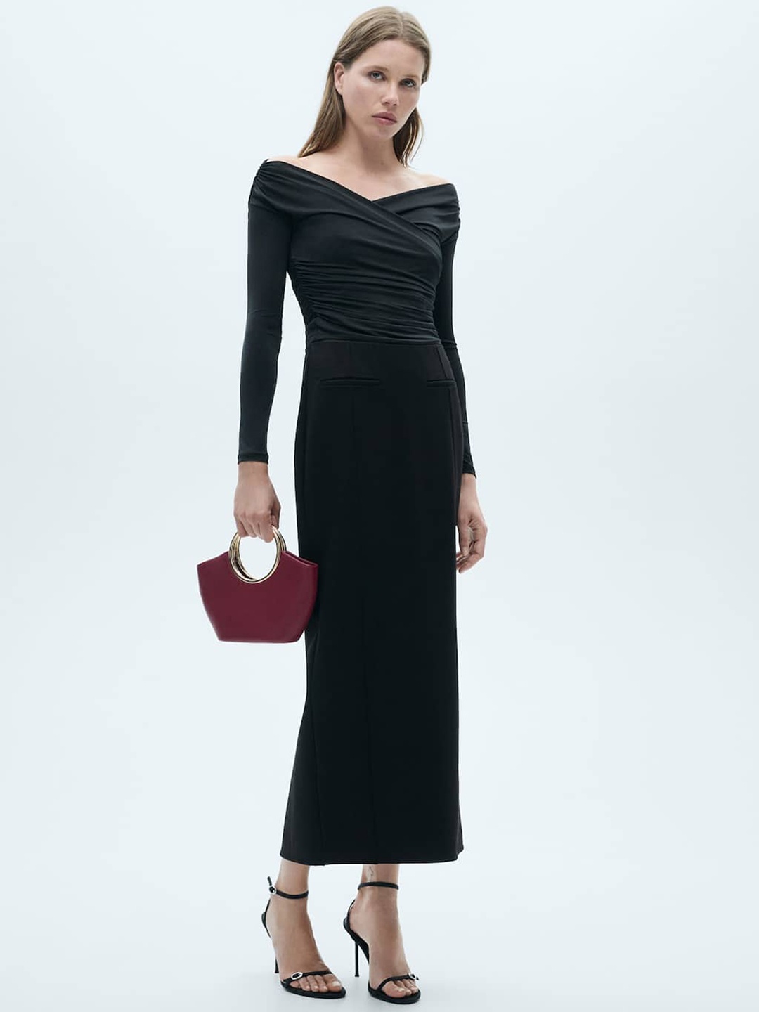 

MANGO Off-Shoulder Ruched Crossover Top, Black