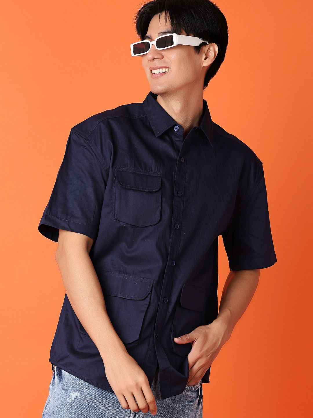 

V-Mart Men Spread Collar Solid Cotton Casual Shirt, Navy blue