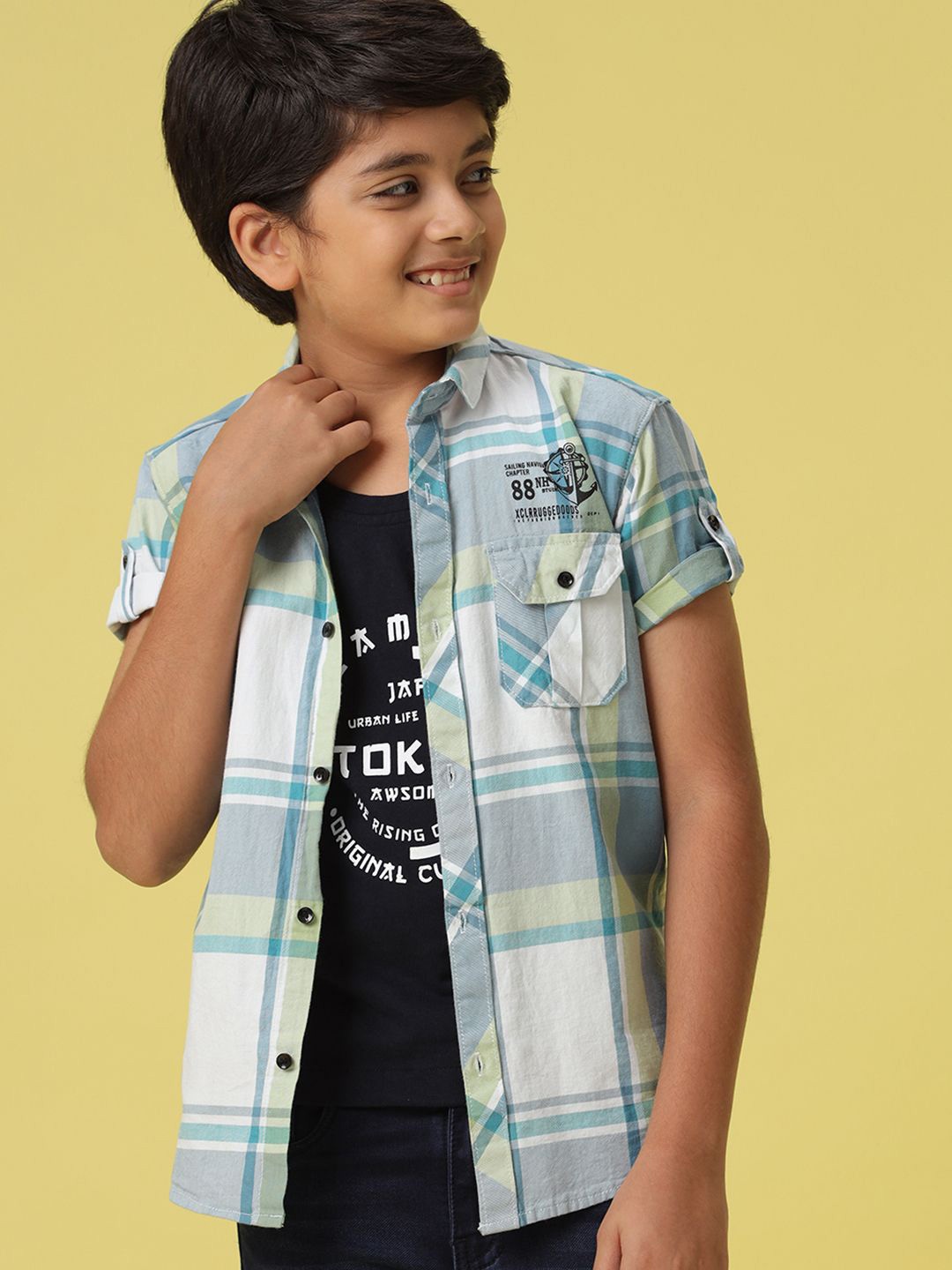 

V-Mart Boys Spread Collar Tartan Checked Cotton Casual Shirt, Blue